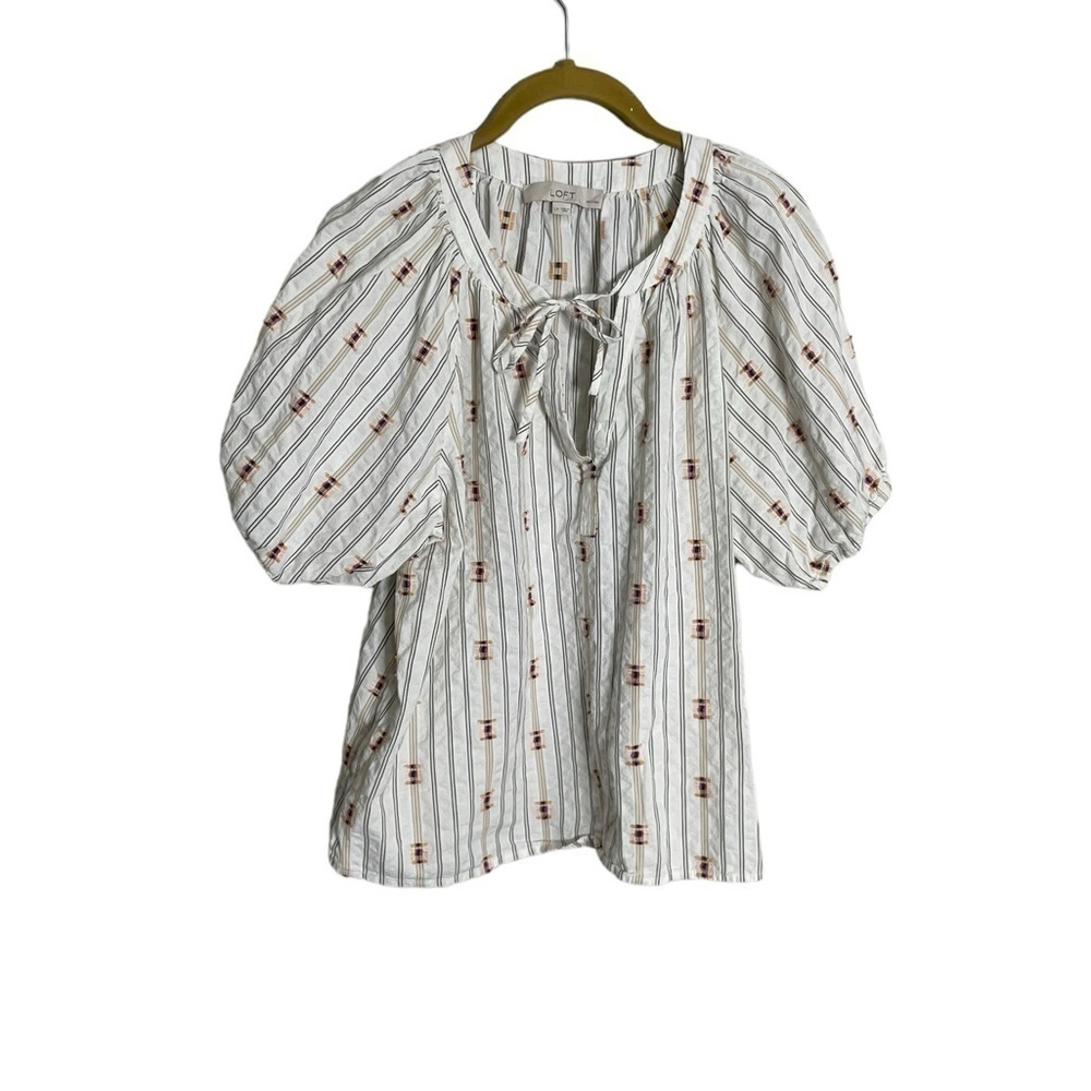 Loft Boho Puff Sleeve Stripe Aztec Blouse Large Petite